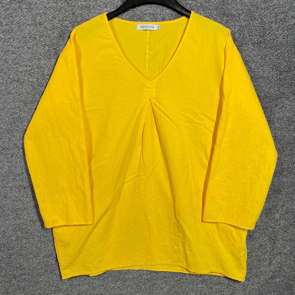 Misslook Womens Blouse Size M Yellow V-Neck 3/4 Sleeve‎ Tunic Cotton Blend